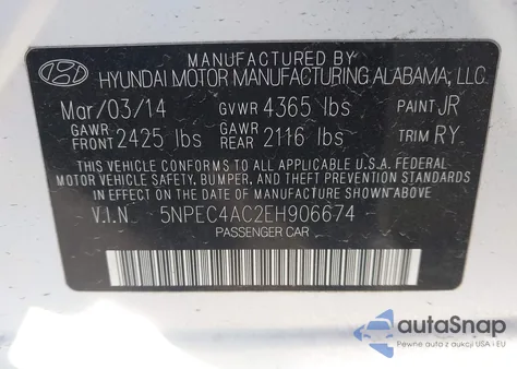 2014 Hyundai Sonata Se z USA, uszkodzony, nr VIN 5NPEC4AC2EH906674